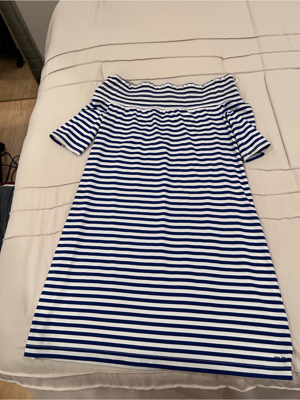 Vineyard Vines Navy and White Striped Off-Shoulder Midi Skirt
